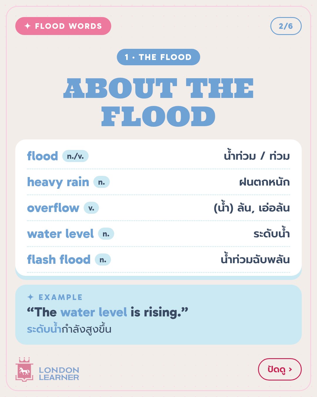 หมวด 1 About the flood: flood, heavy rain, overflow, water level, flash flood พร้อมคำแปล